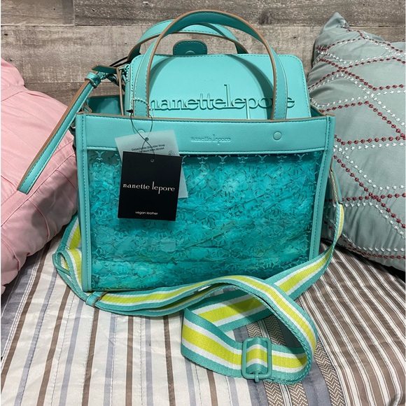 NEW nanette lepore Arianna clear logo satchel with solid wristlet Teal SALE - Picture 4 of 9